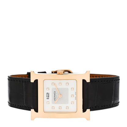 Hermes Stainless Steel Alligator Diamond Mother of Pearl 26mm Heure H Hour Quartz Watch Noir 2 of 5