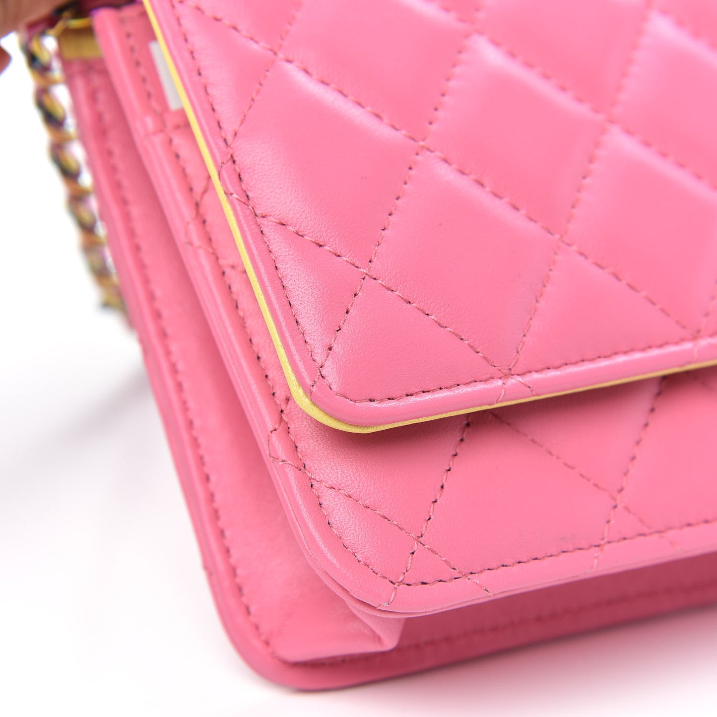 Lambskin Quilted Wallet On Chain WOC Pink Yellow
