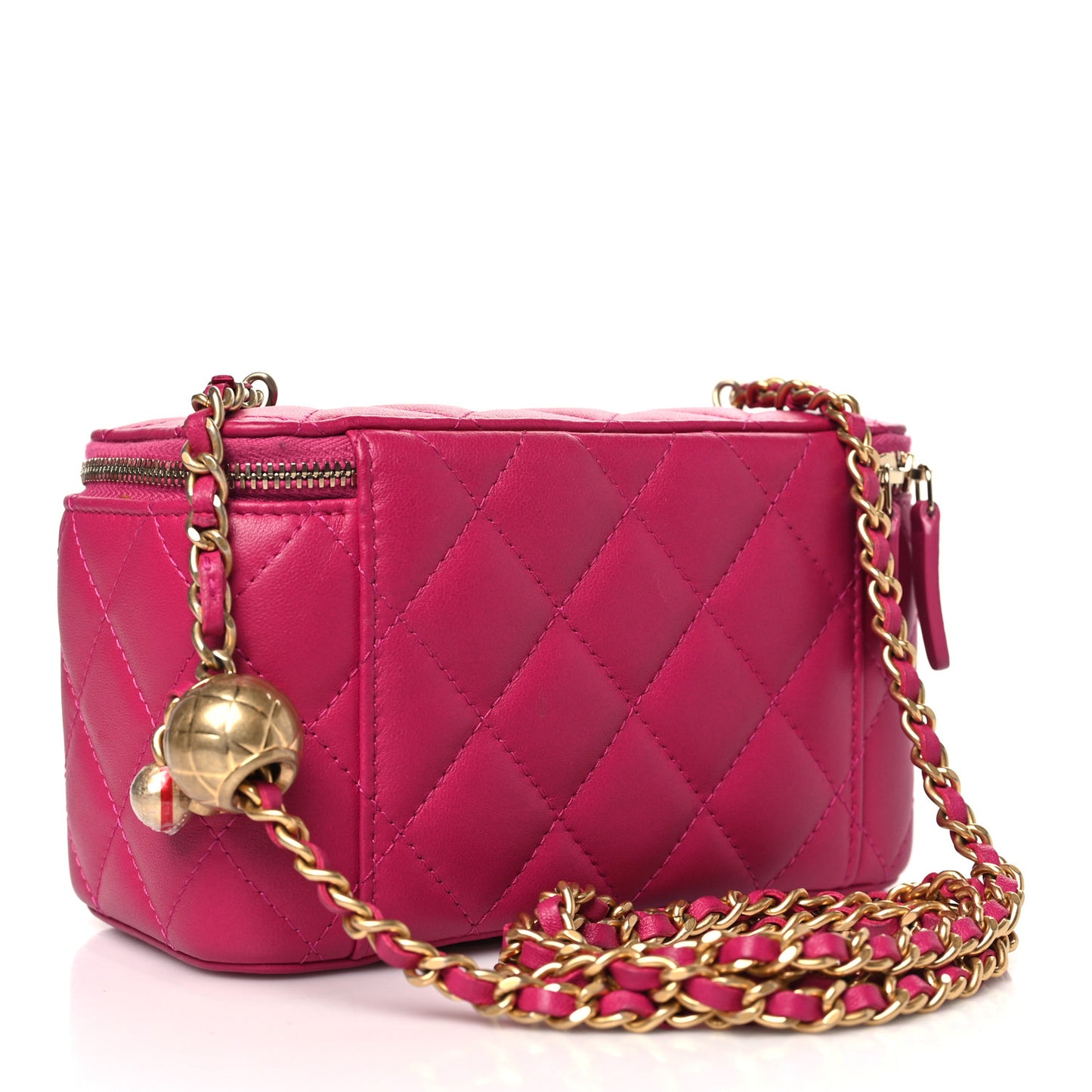 Lambskin Quilted Small Pearl Crush Vanity Case With Chain Fuchsia