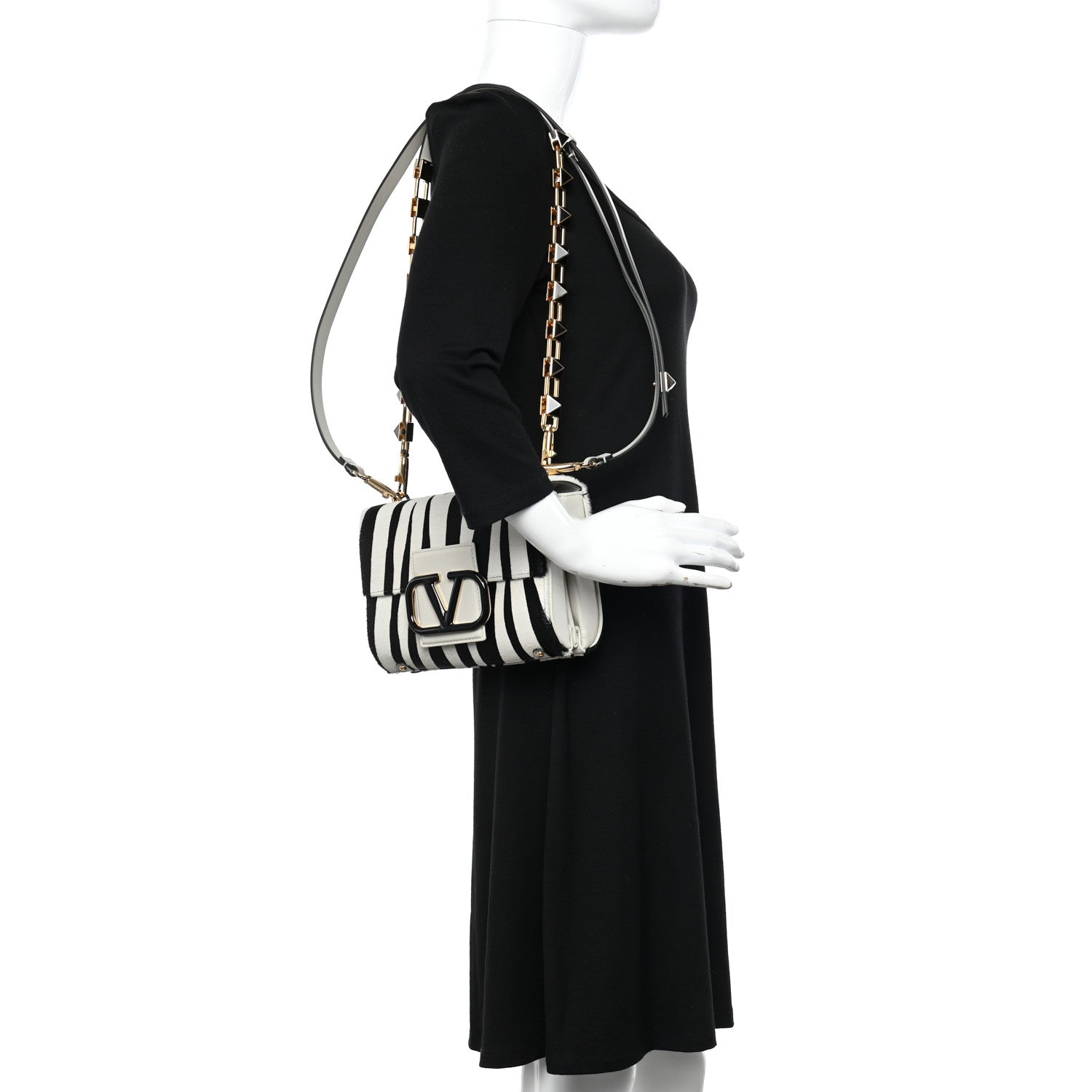 Valentino Garavani Pony Hair Zebra VLogo Stud Sign Shoulder Bag White Black 3 of 11