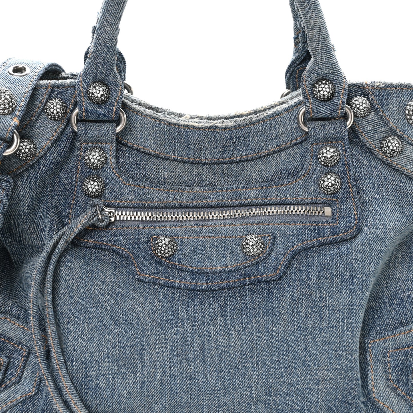 Washed Frayed Denim Crystal Neo Cagole City Handbag Blue