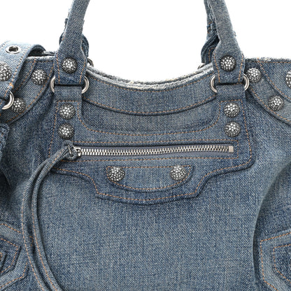 Balenciaga Washed Frayed Denim Crystal Neo Cagole City Handbag Blue 9 of 12
