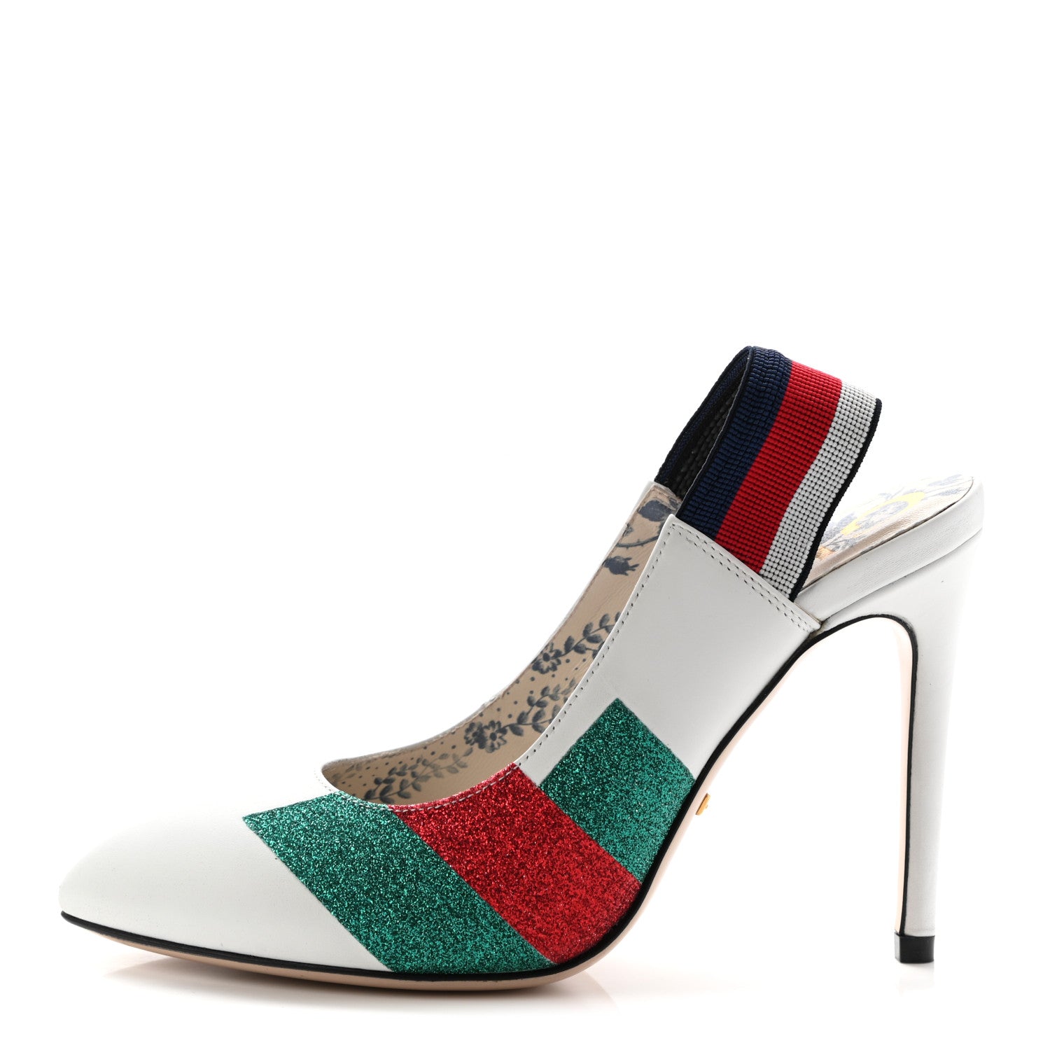 Gucci Calfskin Glitter Web High Heel Slingback Pumps 35.5 White 1 of 11