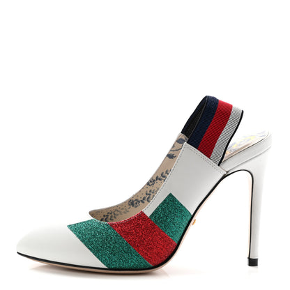Gucci Calfskin Glitter Web High Heel Slingback Pumps 35.5 White 1 of 11