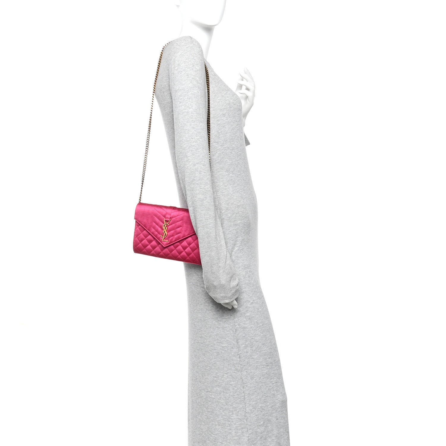 Saint Laurent Satin Mixed Matelasse Triquilt Monogram Chain Wallet Guava 2 of 10
