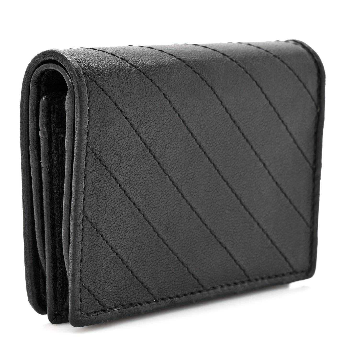 Sakai Be Green Calfskin Diagonal Stitched Blondie Card Case Wallet Black