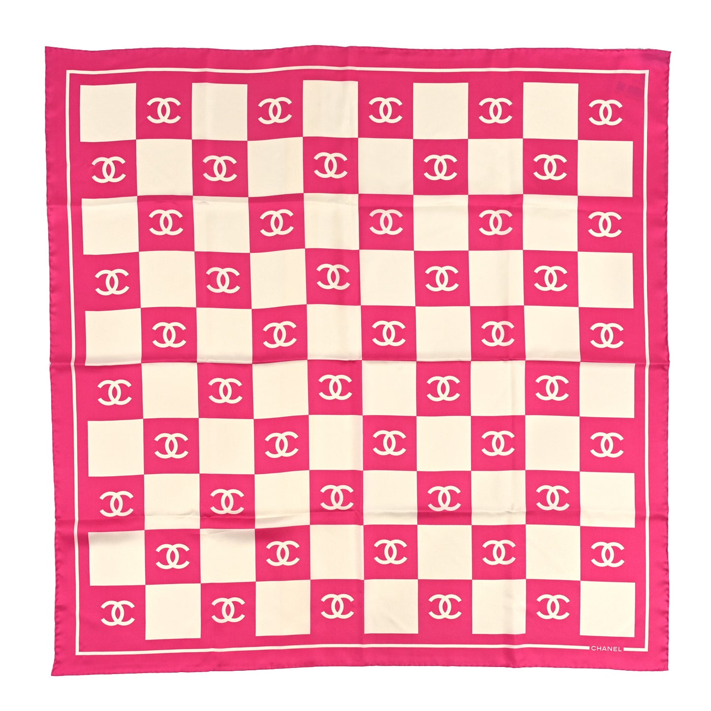 Silk CC Checkered Square Scarf Ecru Fuchsia