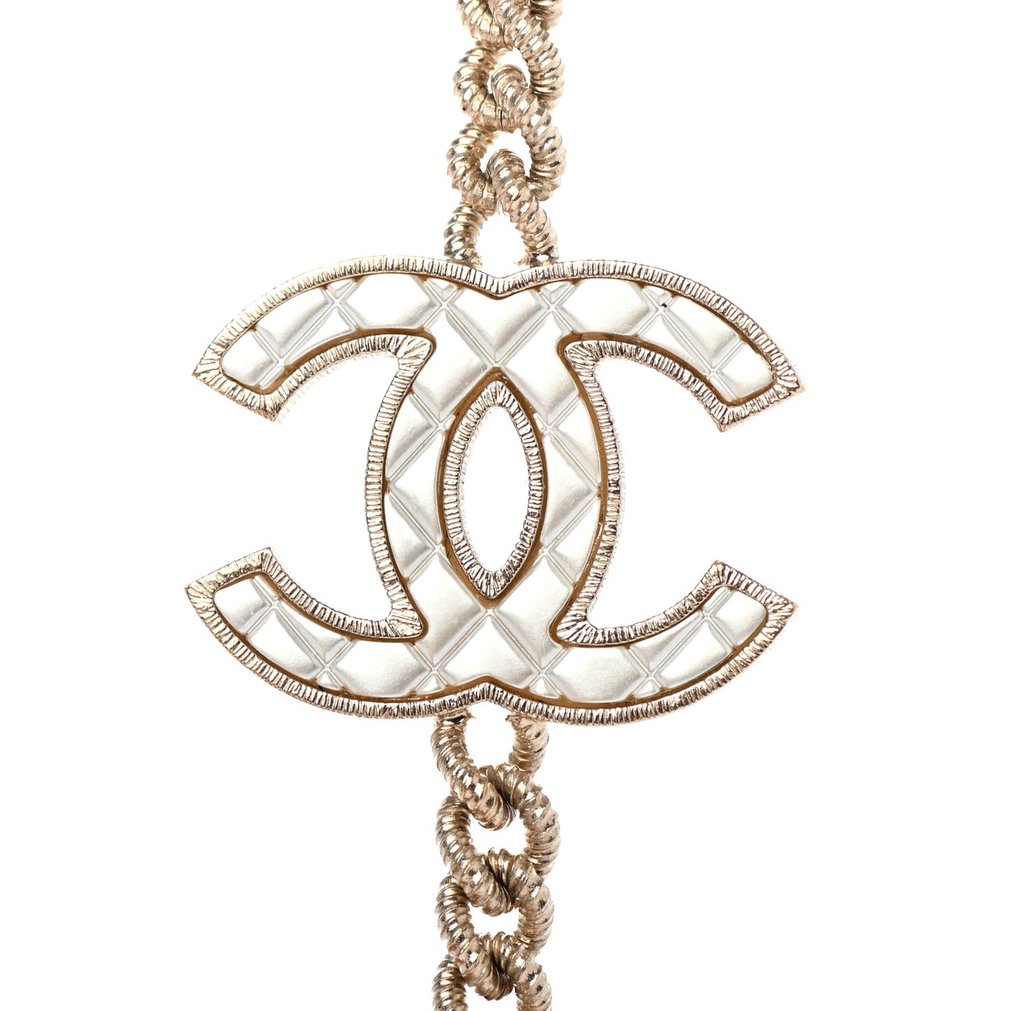 Quilted CC Long Chain Necklace Gold Pearly White