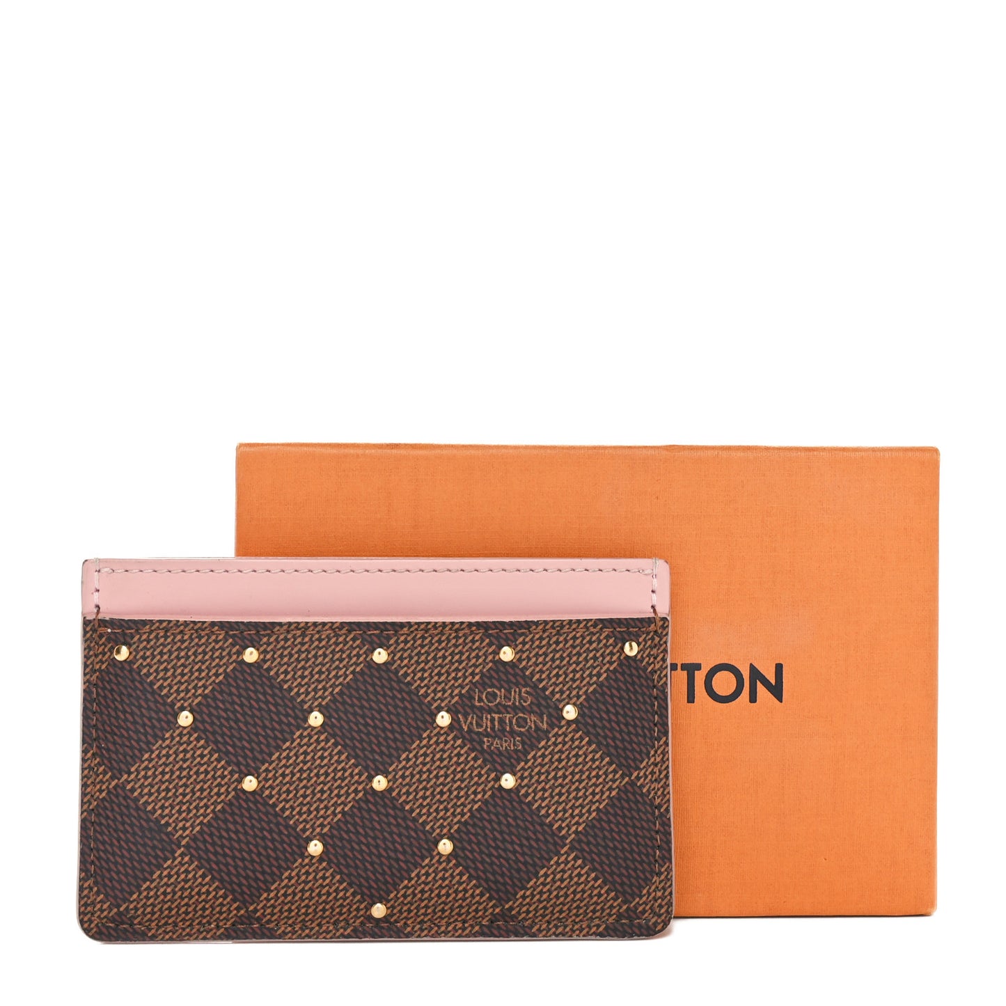 Damier Ebene Studded Card Holder Rose Ballerine
