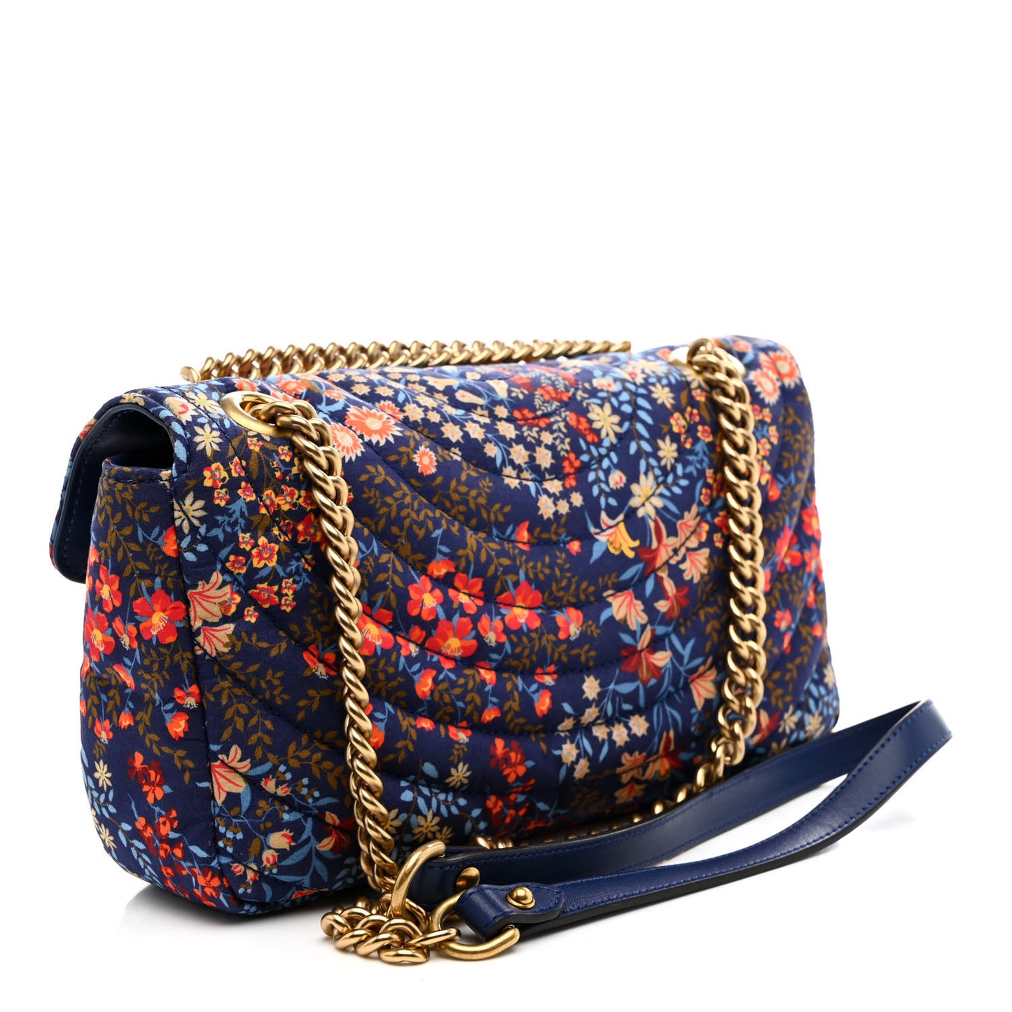 Cotton Calfskin Matelasse Floral Print Small GG Marmont Shoulder Bag Blue Red Deep Ocean Blue