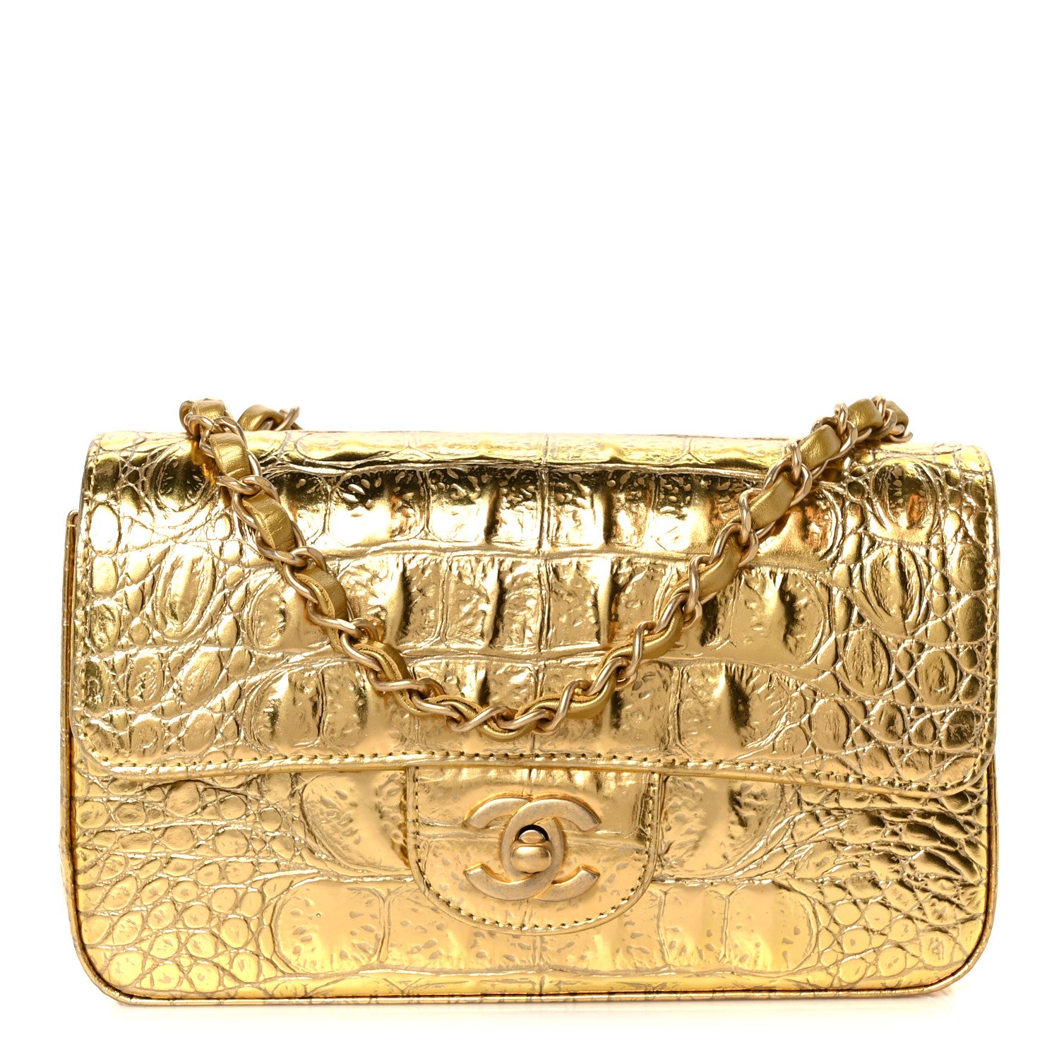 Chanel Metallic Calfskin Crocodile Embossed Cocodile Rectangular Mini Flap Gold 1 of 12