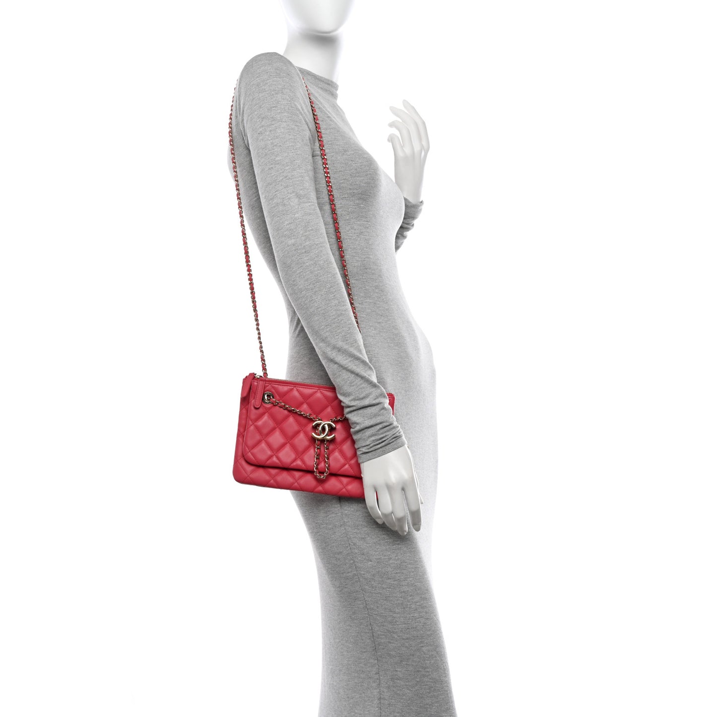 Shiny Lambskin Quilted Small Double Case With Strap Pink