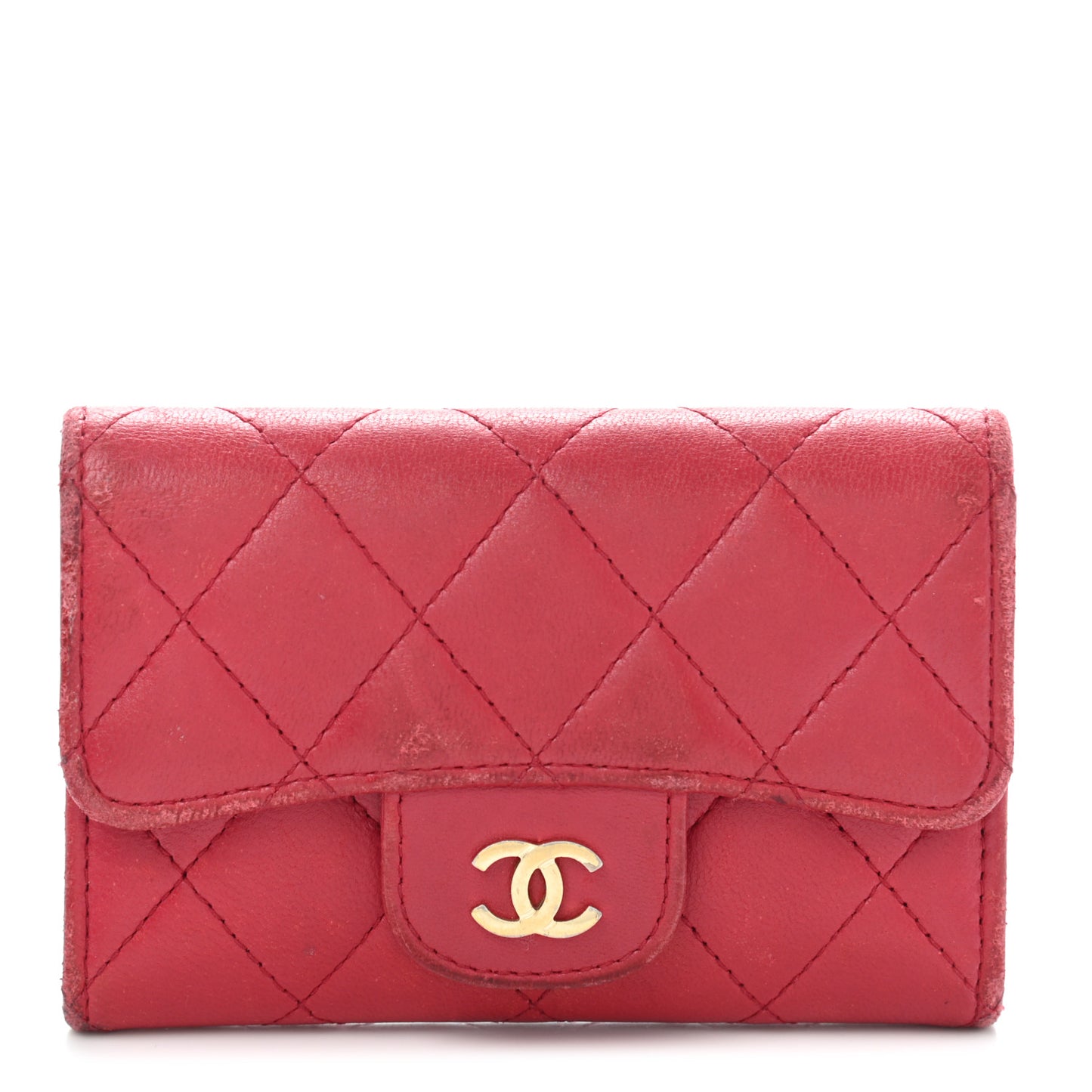 Lambskin Quilted Flap Card Holder Dark Pink
