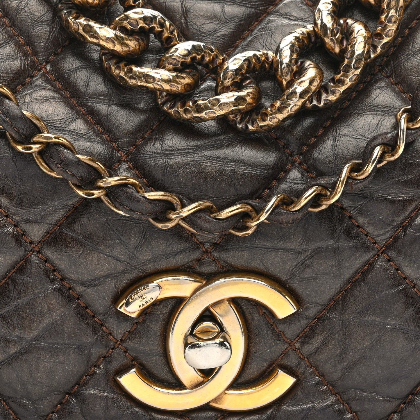 Metallic Aged Calfskin Quilted Medium Pondichery Flap Bronze