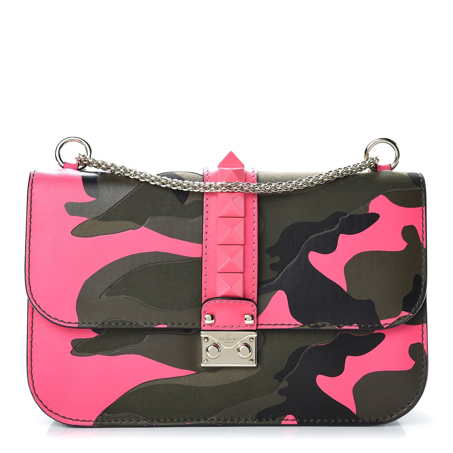 Valentino Garavani Nappa Canvas Camouflage Medium Glam Lock Rockstud Flap Fuxia Fluo 1 of 14