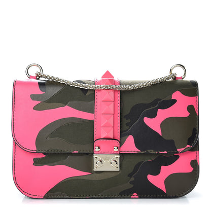 Valentino Garavani Nappa Canvas Camouflage Medium Glam Lock Rockstud Flap Fuxia Fluo 1 of 14