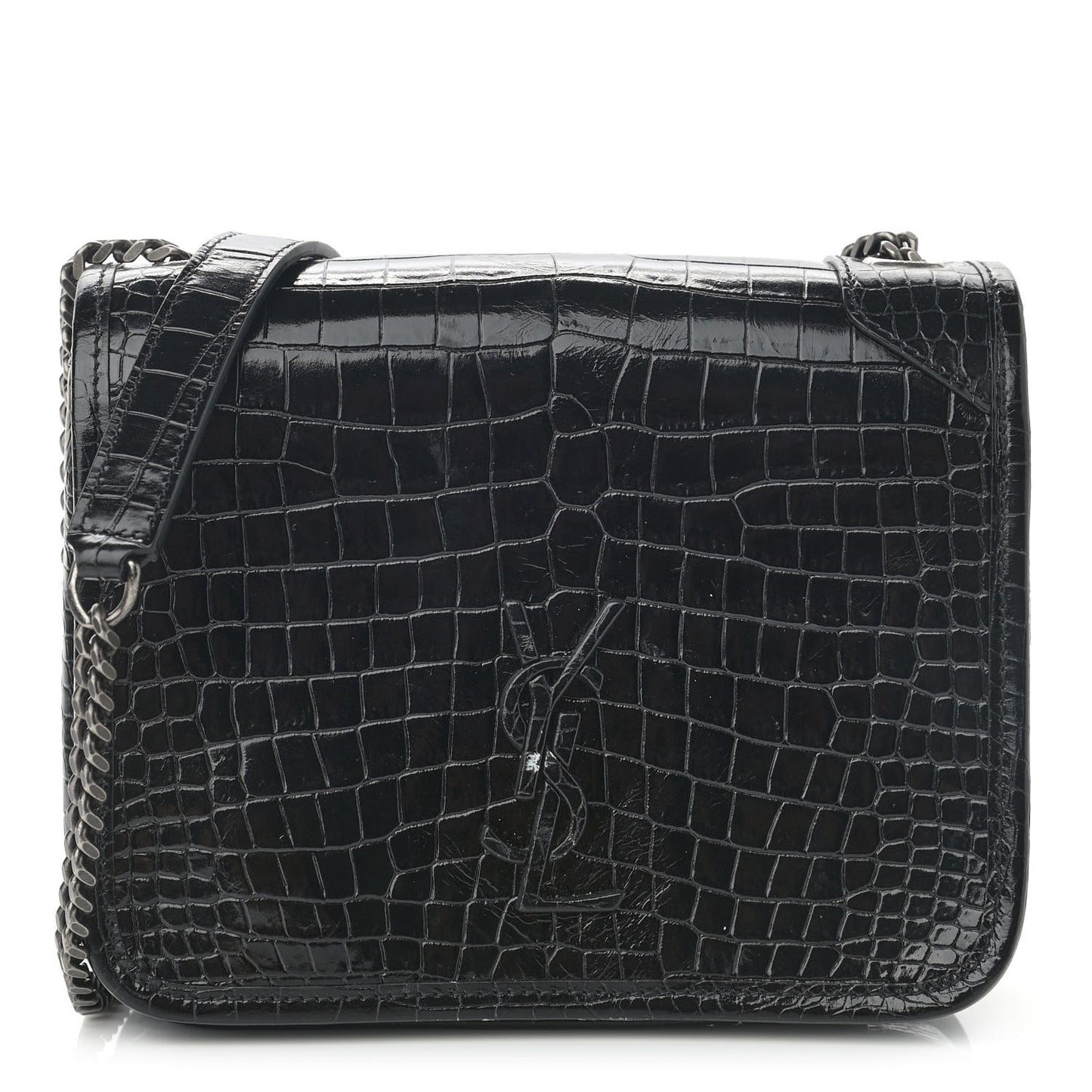 Crocodile Embossed Lambskin Matelasse Monogram Niki Chain Wallet Black