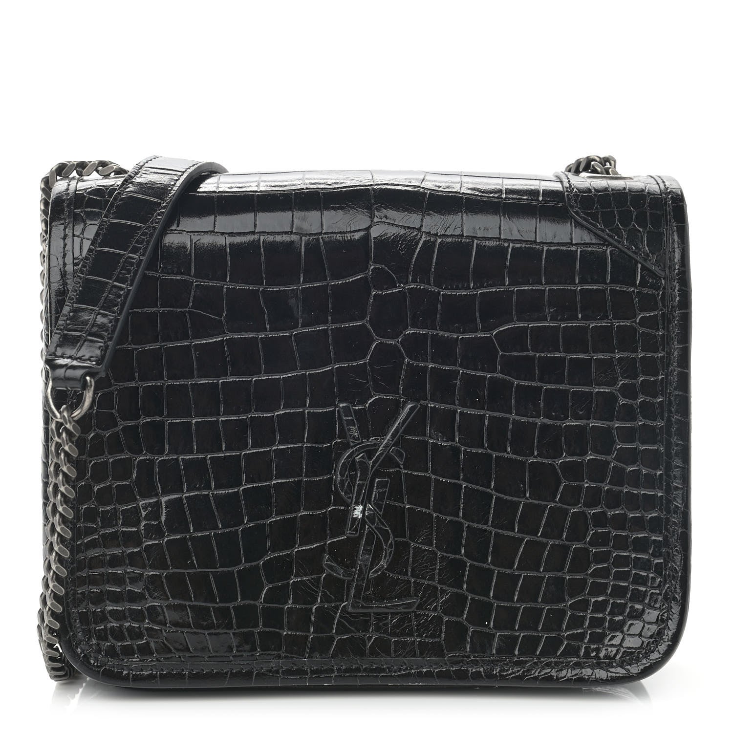 Saint Laurent Crocodile Embossed Lambskin Matelasse Monogram Niki Chain Wallet Black 1 of 14
