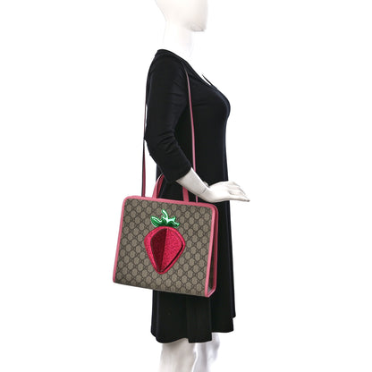 Gucci GG Supreme Monogram 3-D Strawberry Childrens Tote Beige Ebony Lotus Pink Fuxia Emerald 2 of 9
