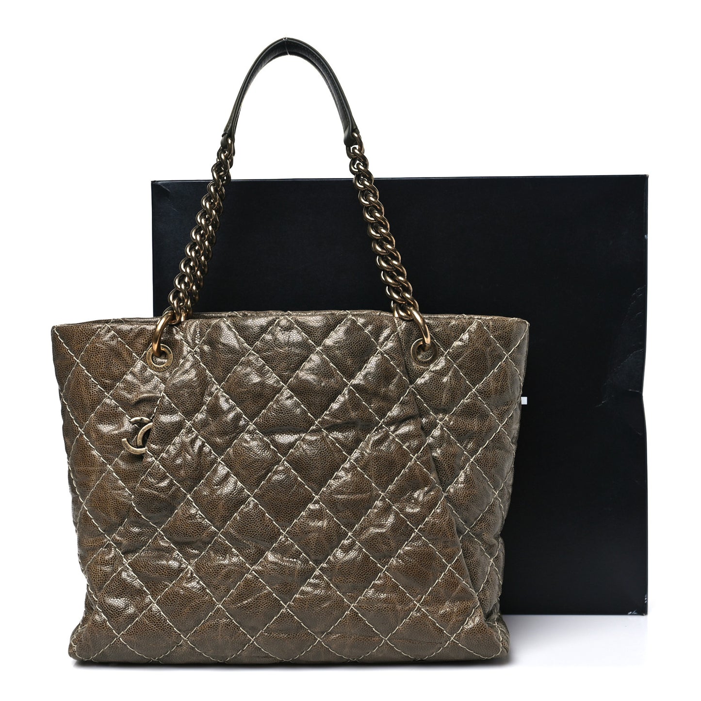 Crumpled Grained Calfskin Large Coco Pleats Tote Khaki