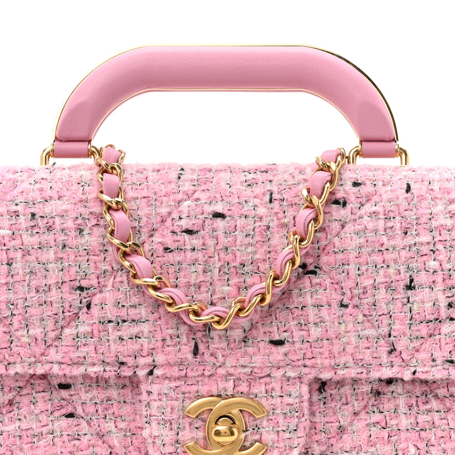 Chanel Tweed Large Top Handle Clutch With Chain Pink Black Ecru 8 of 10