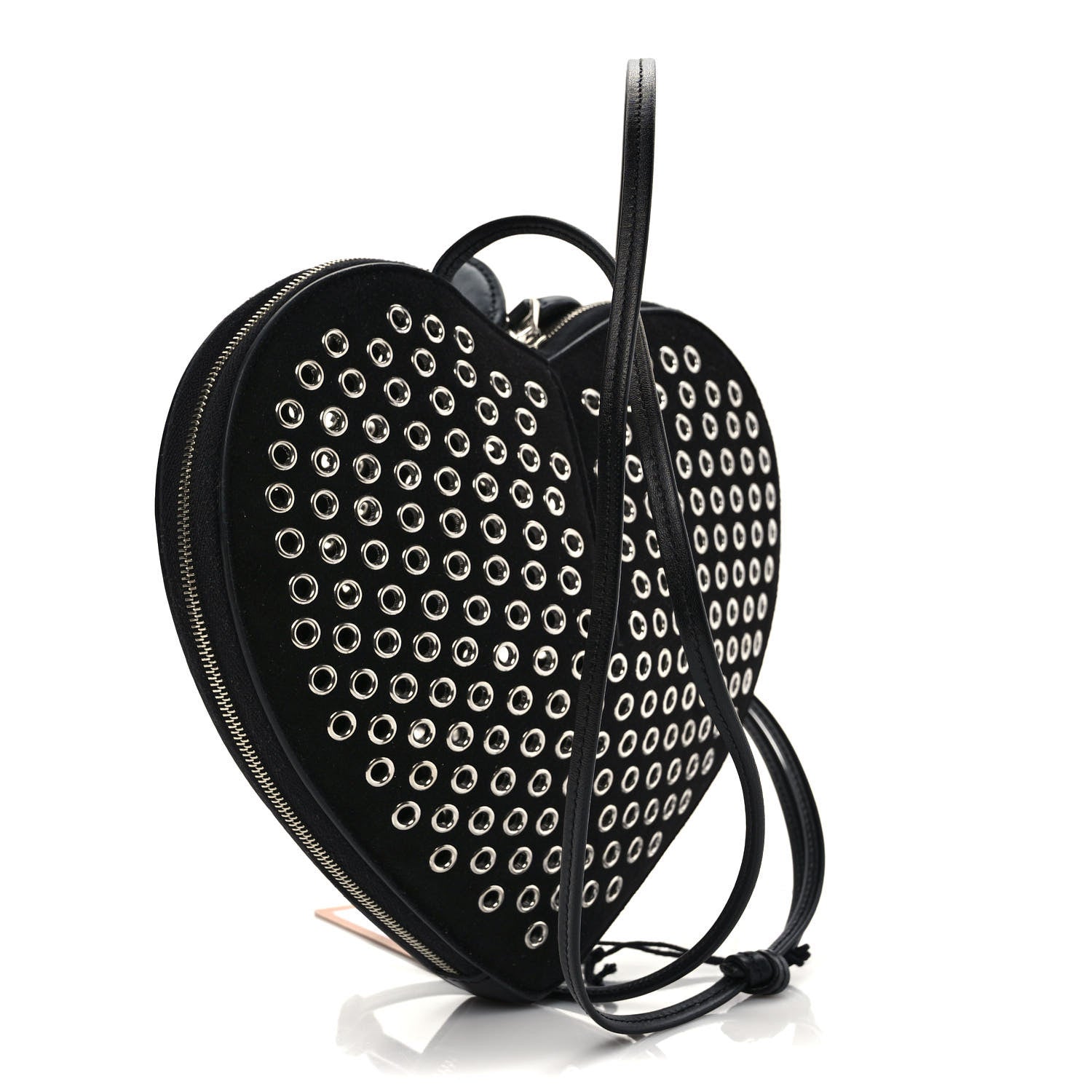 Alaia Suede Goatskin Grommet Studded Heart Shoulder Bag Black 2 of 9
