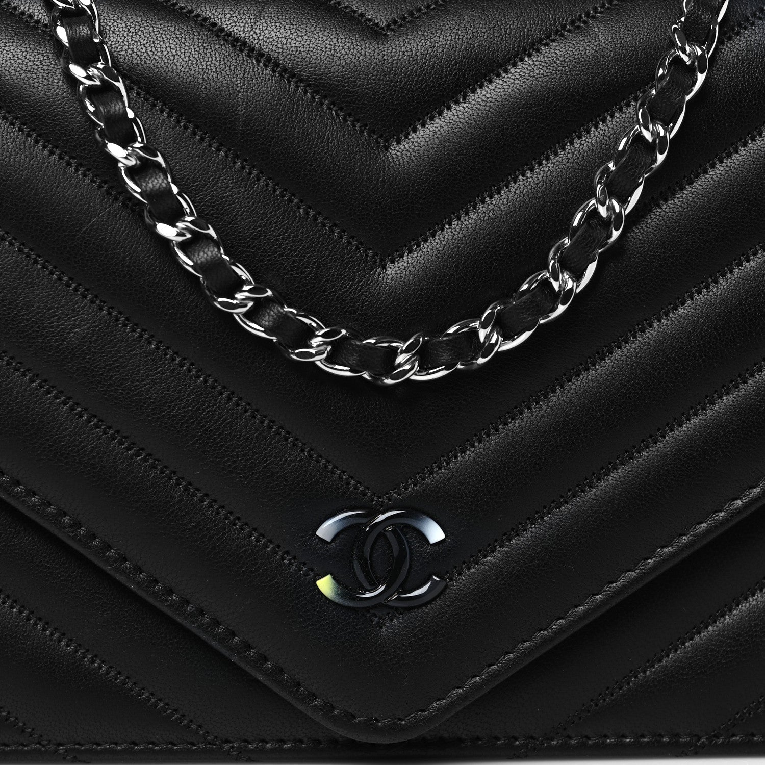 Chanel Sheepskin Chevron Wallet On Chain WOC Black 9 of 11