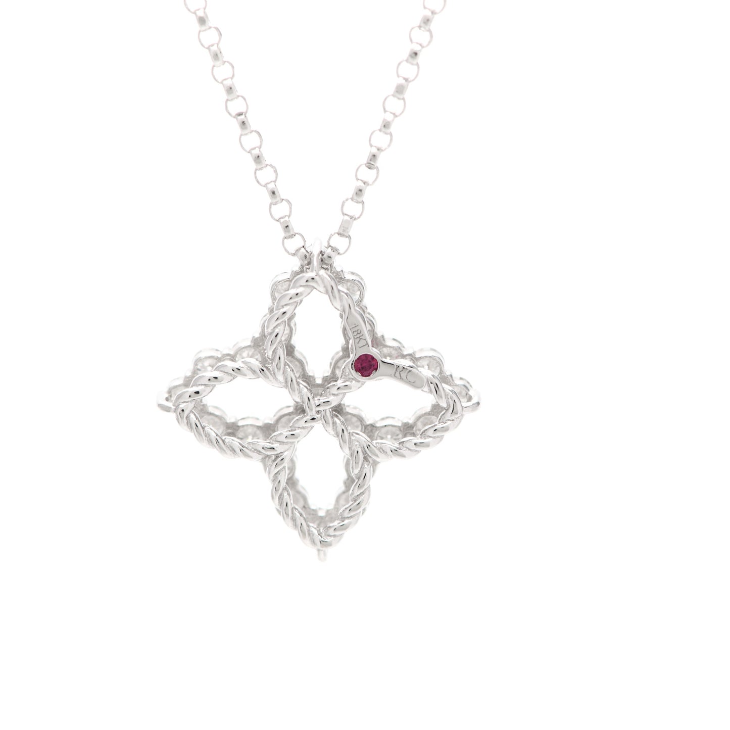 18K White Gold Diamond Medium Princess Open Flower Pendant Necklace
