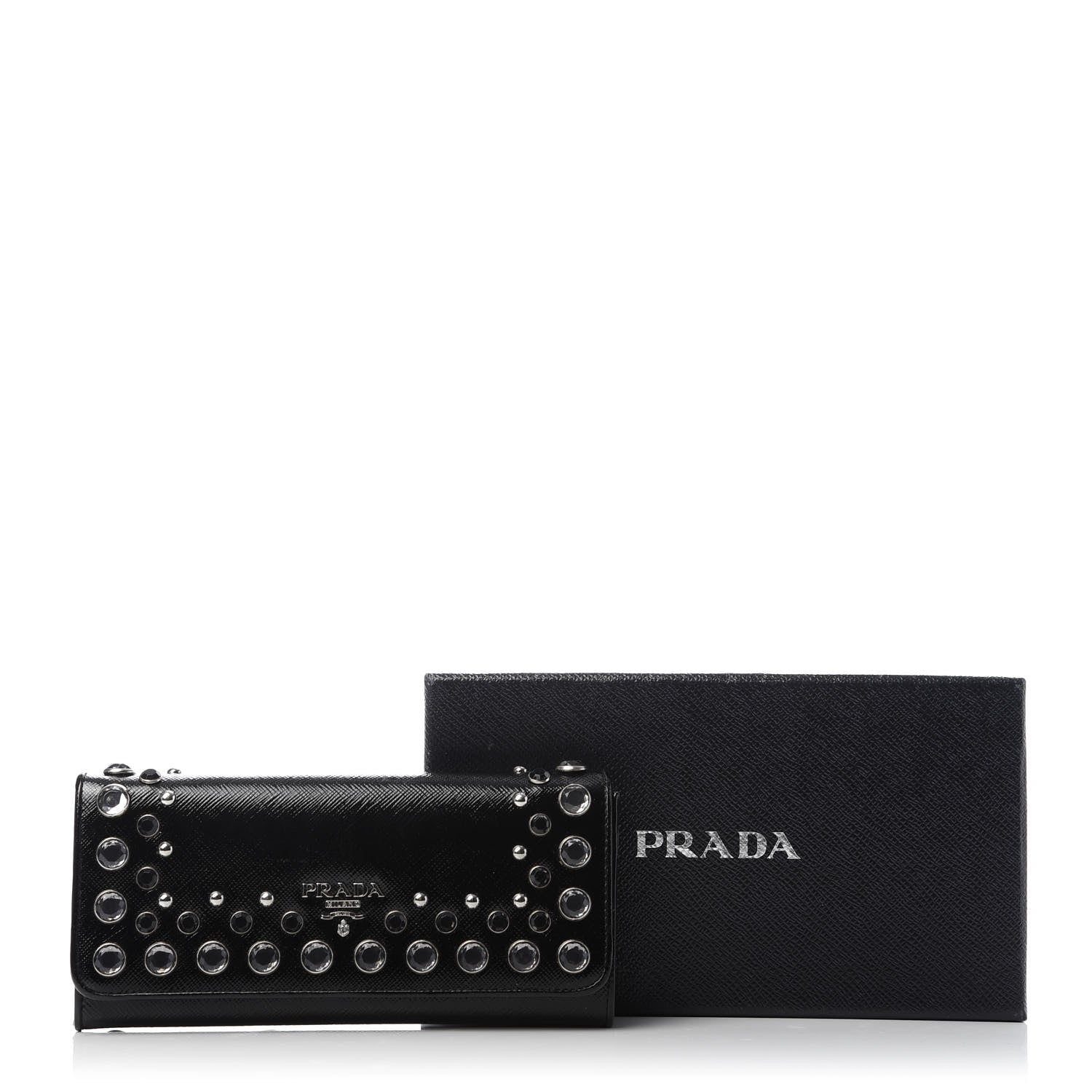 Prada Saffiano Vernice Crystal Studded Flap Wallet Black 7 of 8