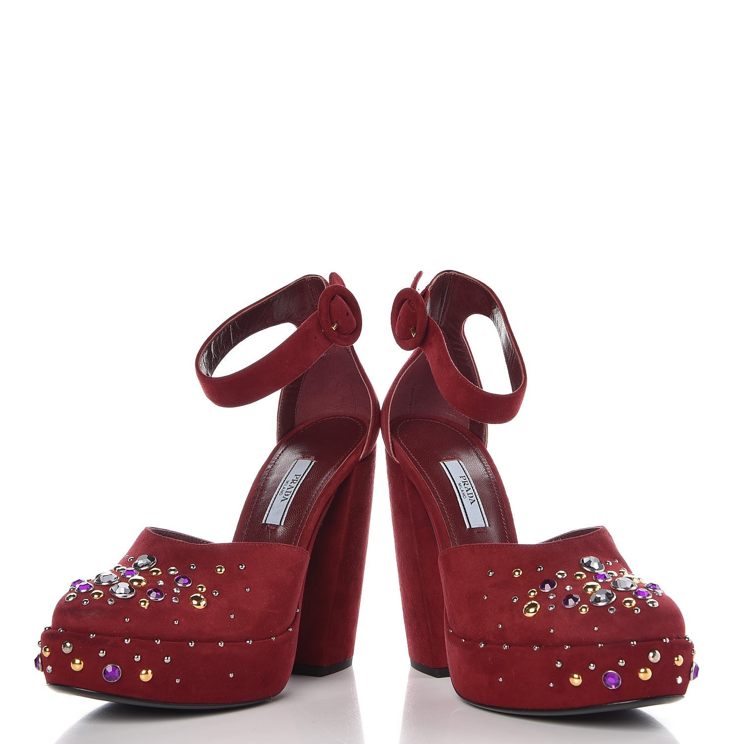 Prada Suede Crystal Embellished Platform Sandals 37.5 Burgundy 5 of 10