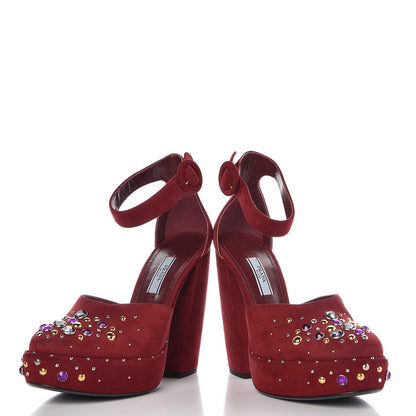Prada Suede Crystal Embellished Platform Sandals 37.5 Burgundy 5 of 10