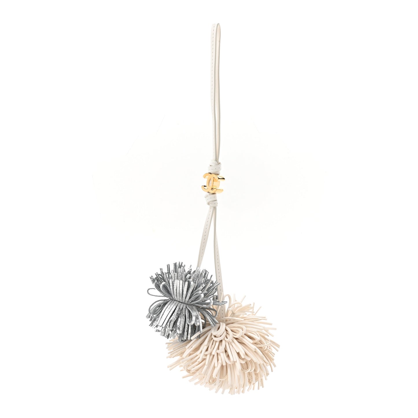 Metallic Lambskin Pom Pom Bag Charm White Silver