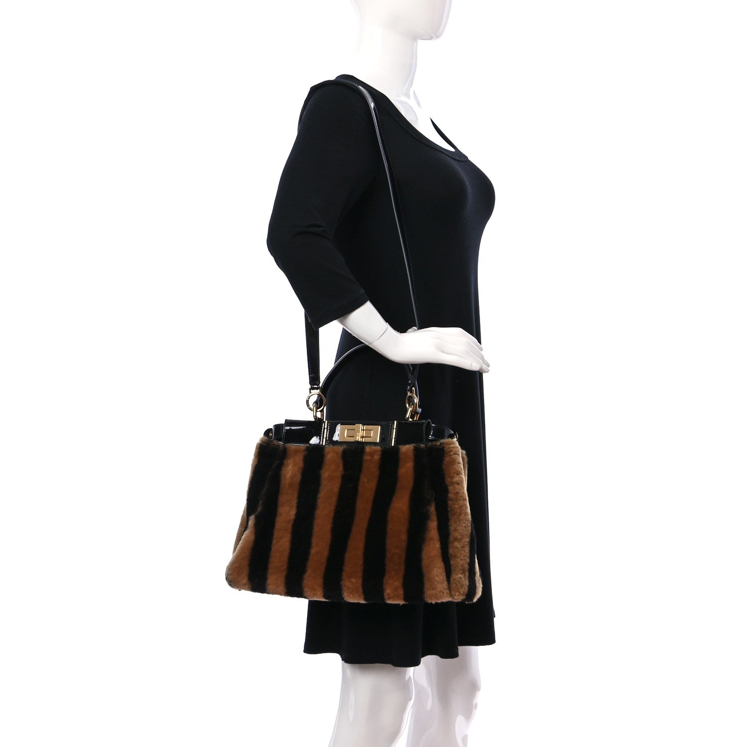 Fendi Shearling Vitello Vernice Mou Pequin Striped Medium Peekaboo Iconic Satchel Tobacco Black 2 of 9