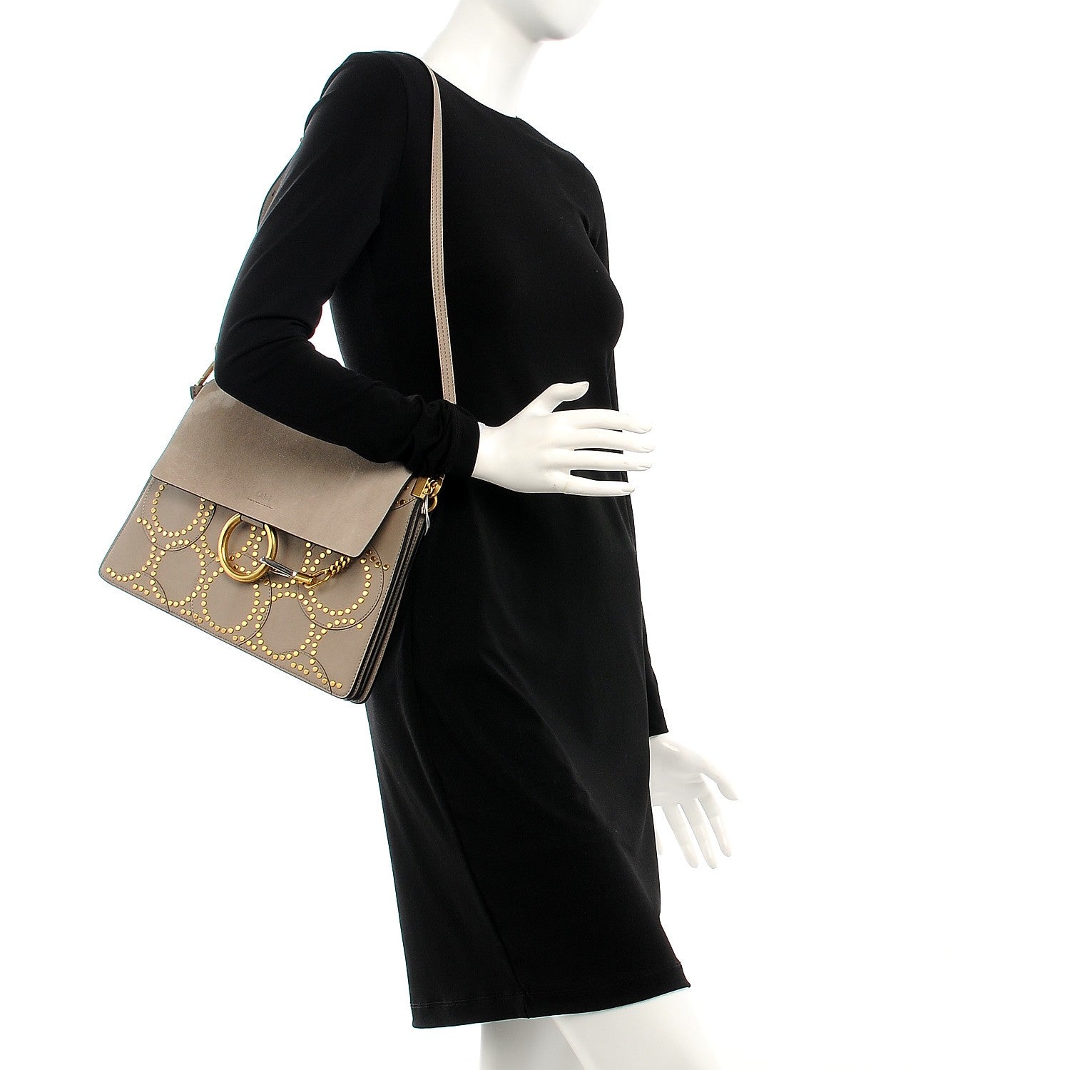Chloe Calfskin Suede Studded Medium Faye Shoulder Bag Motty Grey 2 of 7