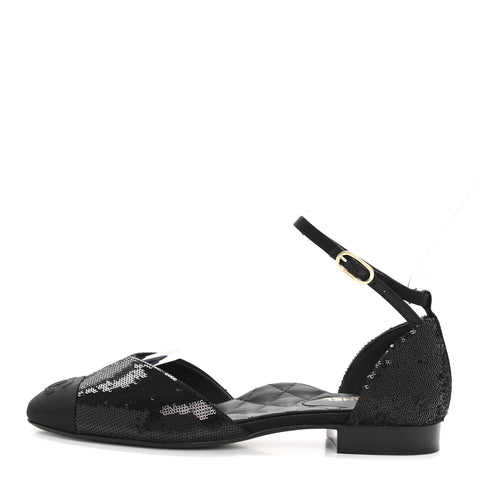 Sequin Grosgrain CC Cap Toe Ankle Flat 37.5 Black