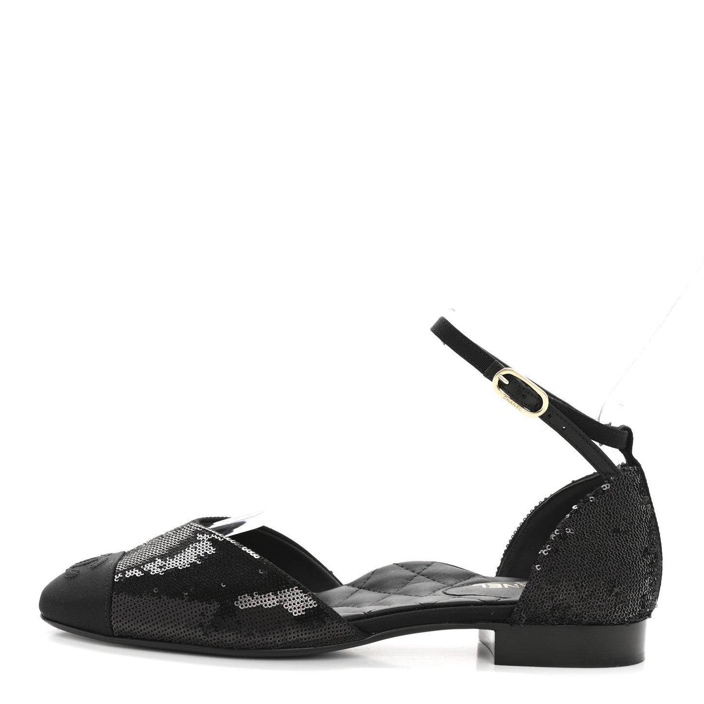 Sequin Grosgrain CC Cap Toe Ankle Flat 37.5 Black