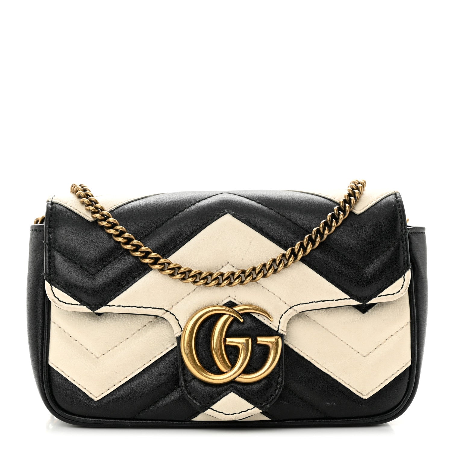 Gucci Calfskin Matelasse Super Mini GG Marmont Shoulder Bag Black White 1 of 12