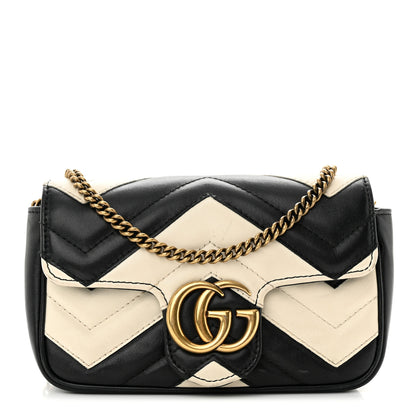 Gucci Calfskin Matelasse Super Mini GG Marmont Shoulder Bag Black White 1 of 12