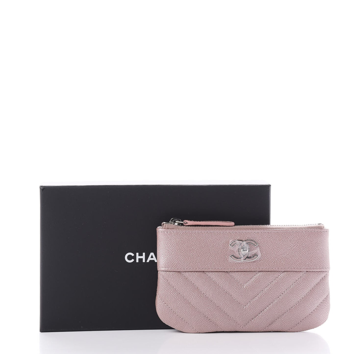 Metallic Caviar Chevron Quilted Small Vintage Mademoiselle Cosmetic Case Pink
