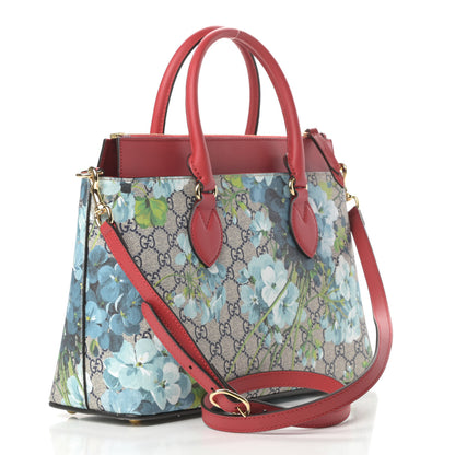 Gucci GG Supreme Monogram Blooms Medium Zip Top Tote Beige Blue Navy Hibiscus Red 3 of 10