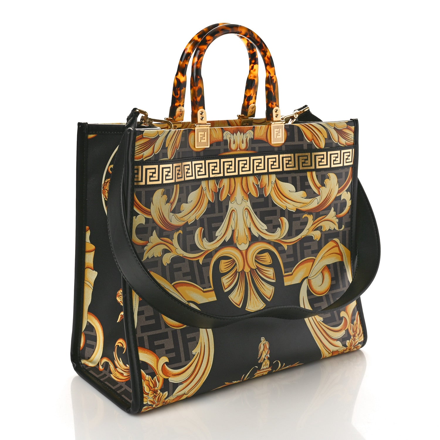 Fendi X VERSACE Calfskin Plexiglass Fendace FF Baroque Print Medium Fendi Sunshine Shopper Tote Black Gold 3 of 8