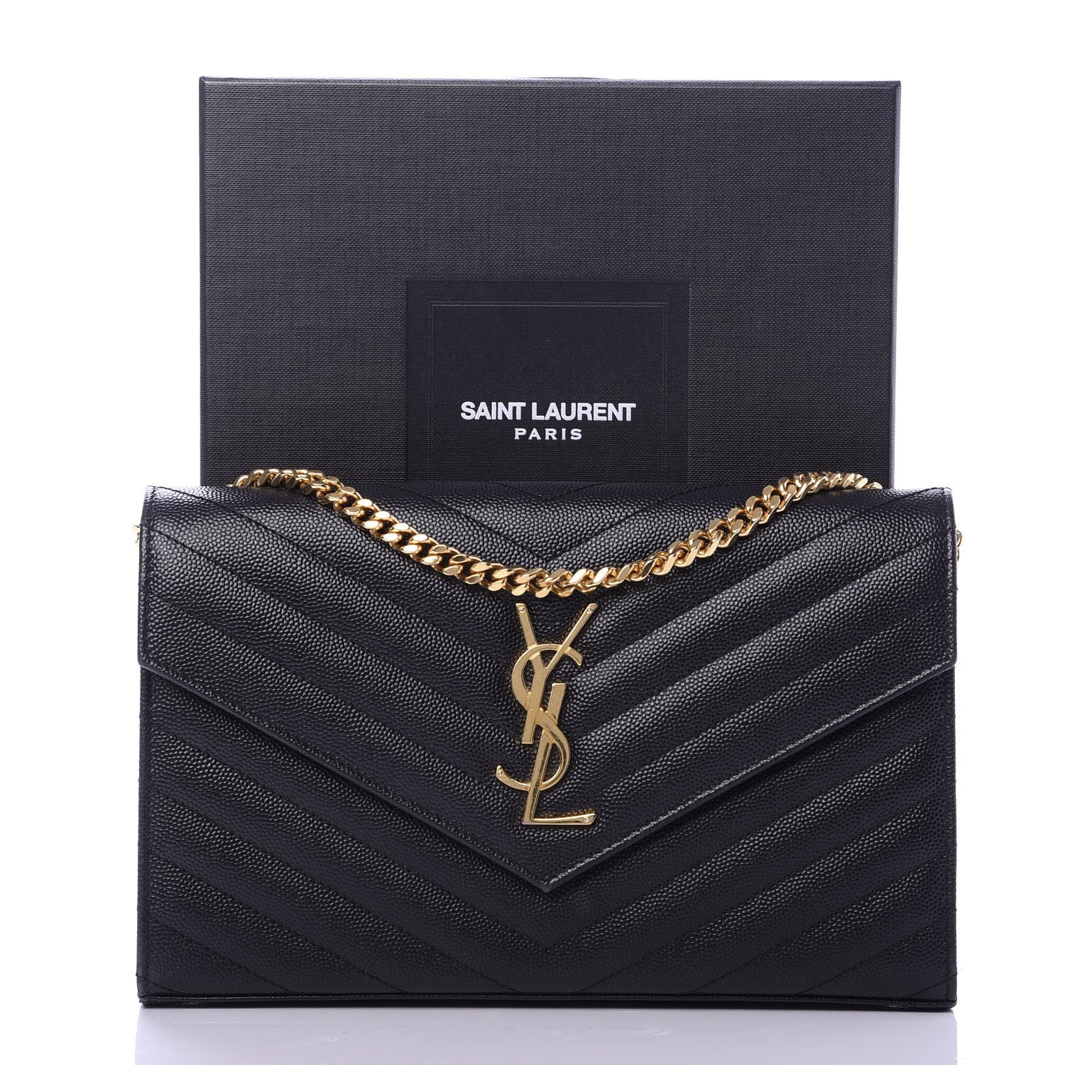 Saint Laurent Grain De Poudre Matelasse Chevron Monogram Chain Wallet Black 10 of 10