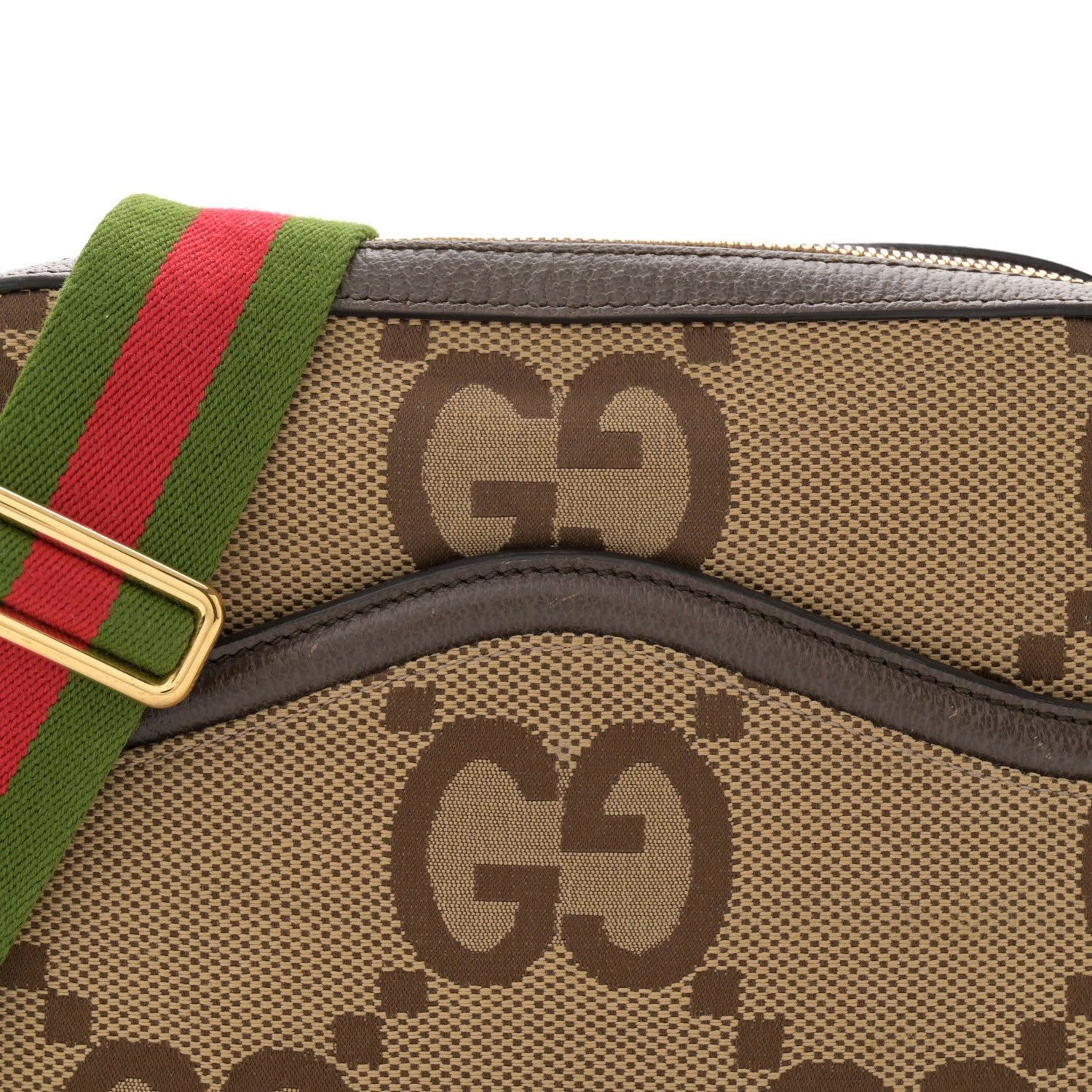 Gucci Monogram Jumbo GG Textured Dollar Calfskin Web Messenger Shoulder Bag Camel Ebony New Acero 8 of 13