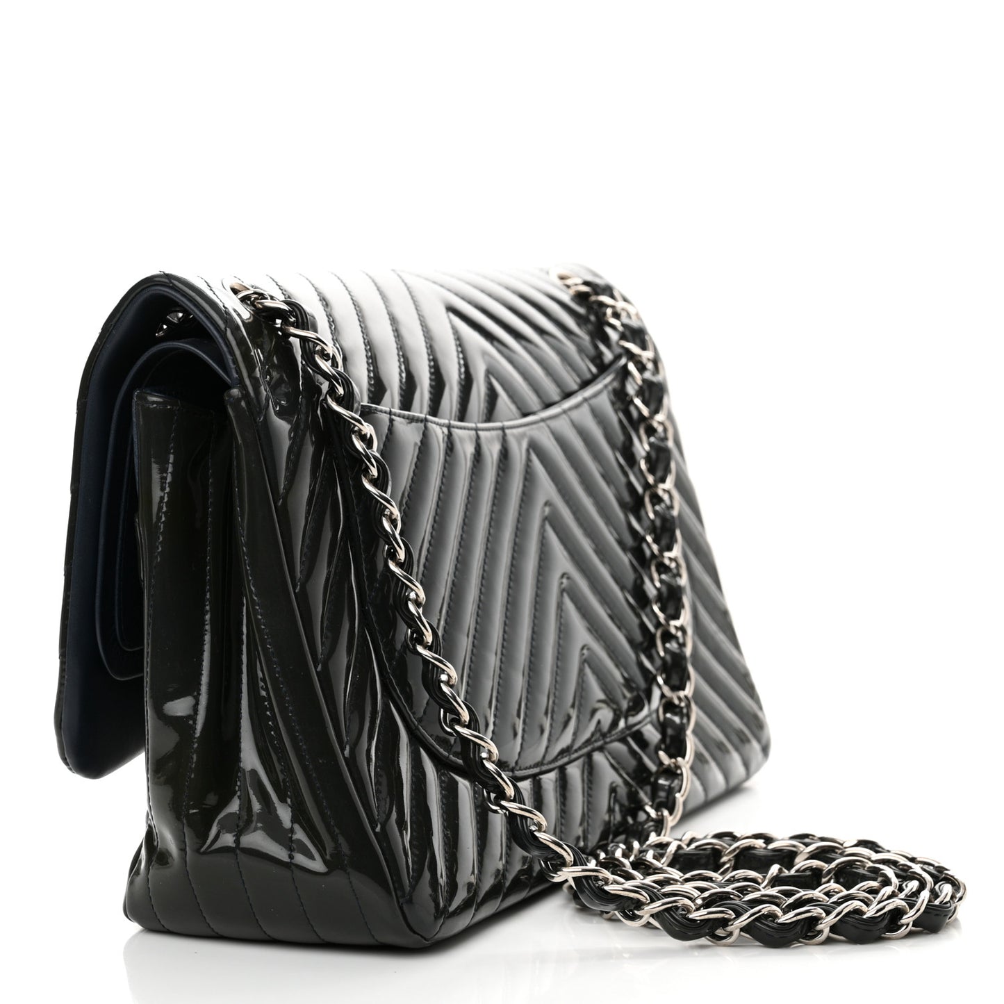 Patent Chevron Quilted Jumbo Double Flap Navy