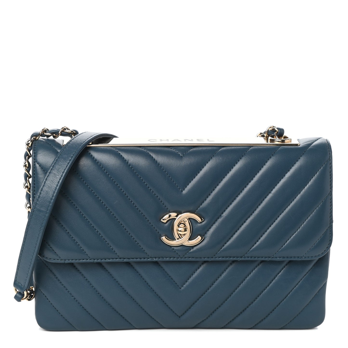 Lambskin Chevron Quilted Medium Trendy CC Flap Dark Blue