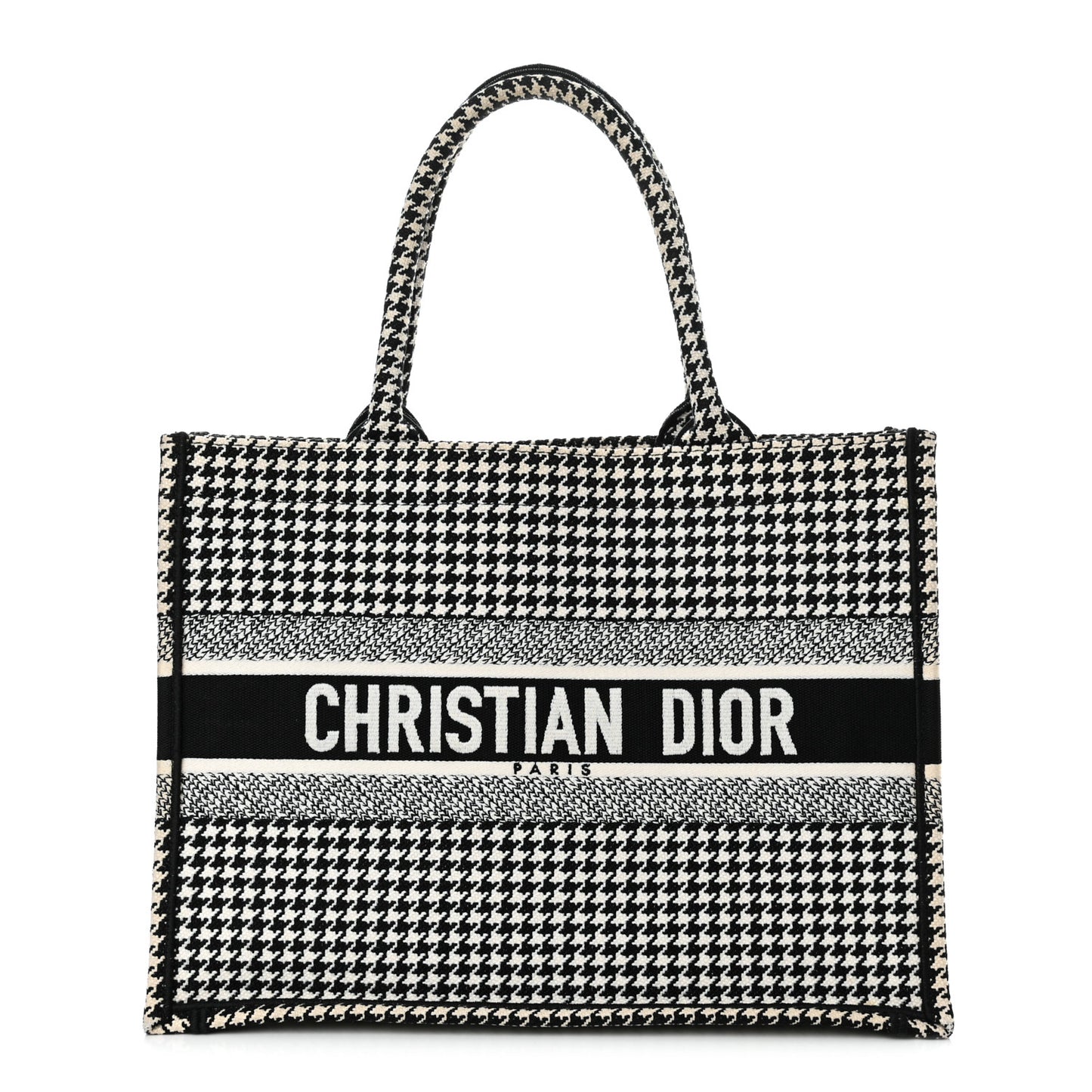Canvas Houndstooth Embroidered Medium Book Tote Black White