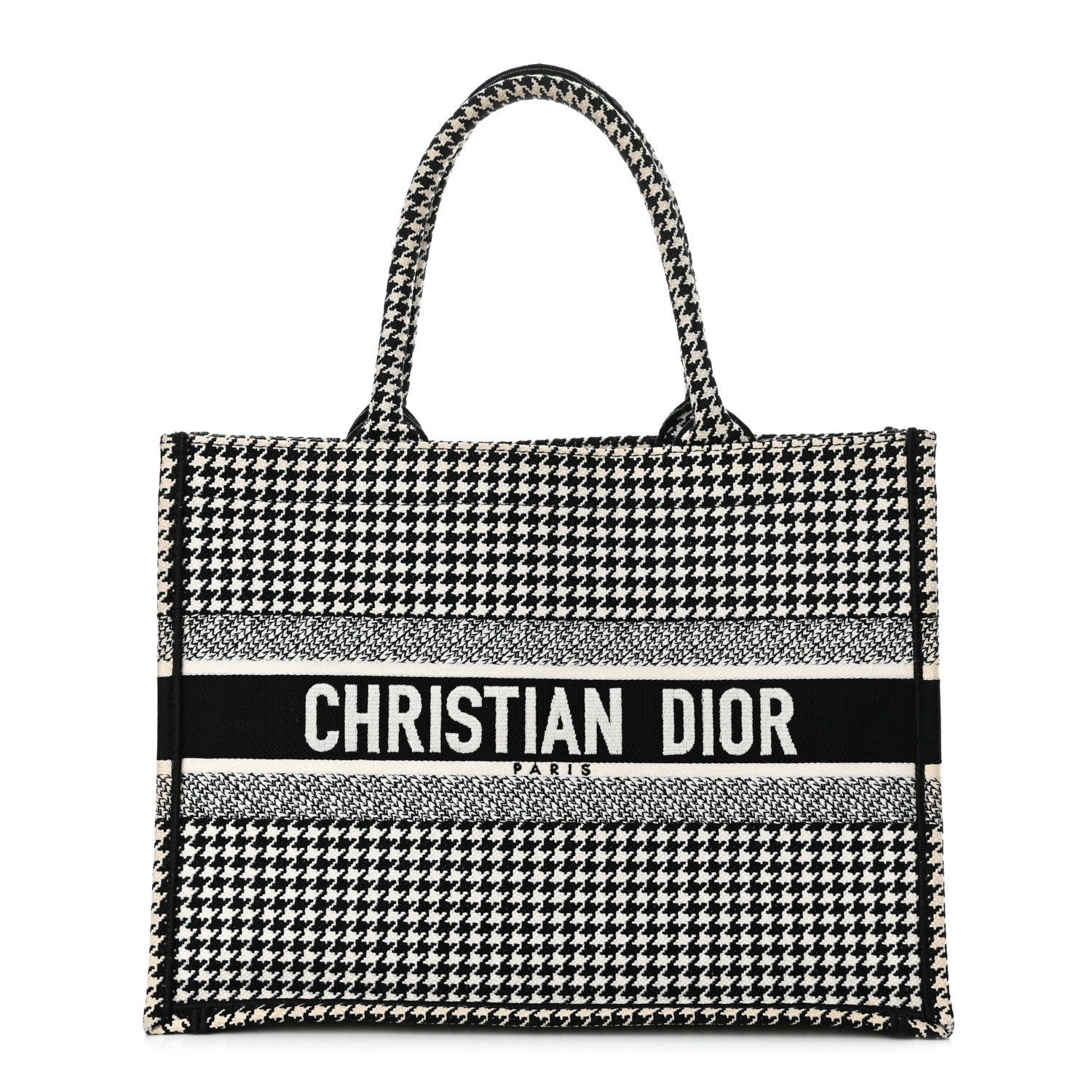 Christian Dior Canvas Houndstooth Embroidered Medium Book Tote Black White 1 of 17