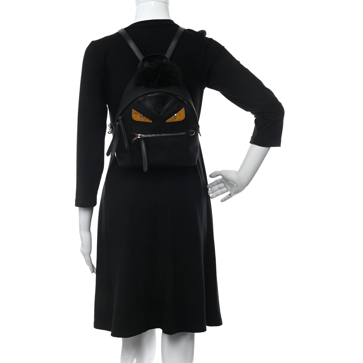 Fendi Nylon Vitello Dolce Goat Fox Fur Crocodile Monster Eyes Mini Backpack Black Sunflower 2 of 15