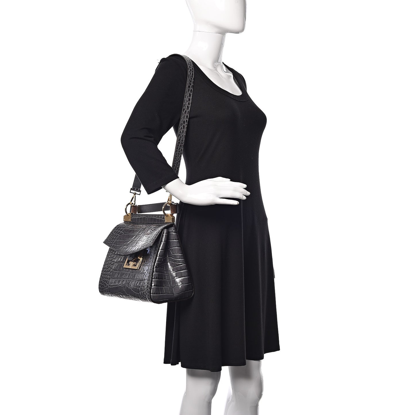 Calfskin Crocodile Embossed Small Mystic Shoulder Bag Storm Grey