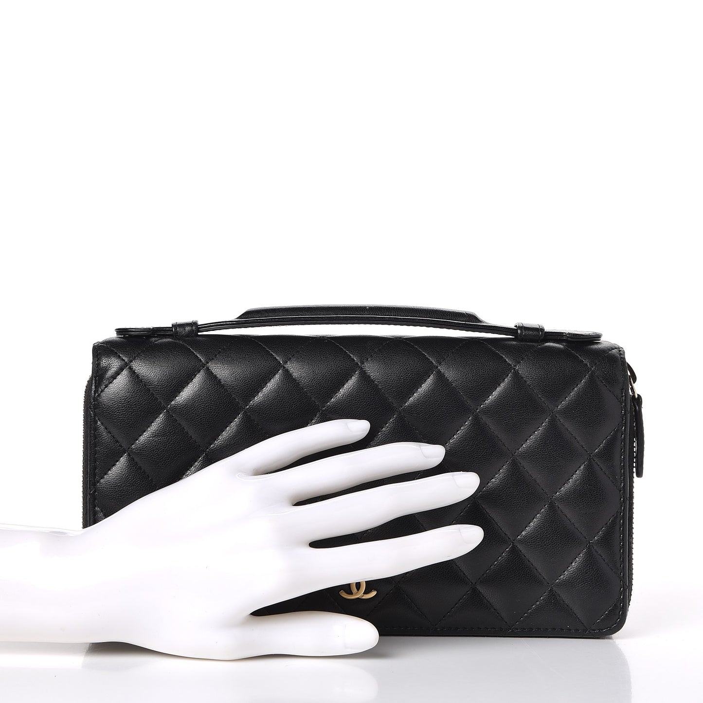 Lambskin Quilted Large Double Zip Around Organizer Wallet Black